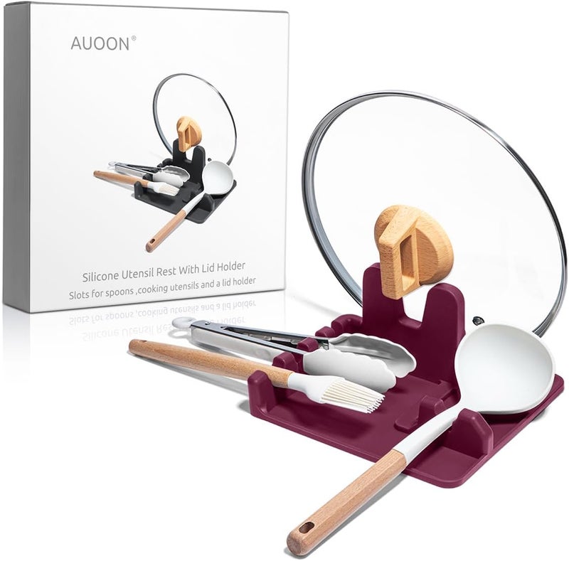 AUOON Spoon Holder for Stove - Silicone Spoon and Lid Rest with Drip Pad Kitchen Utensil Rest for Spoons, Ladles, Spatulas, Tongs & More (Cherry, Large) - Image 1