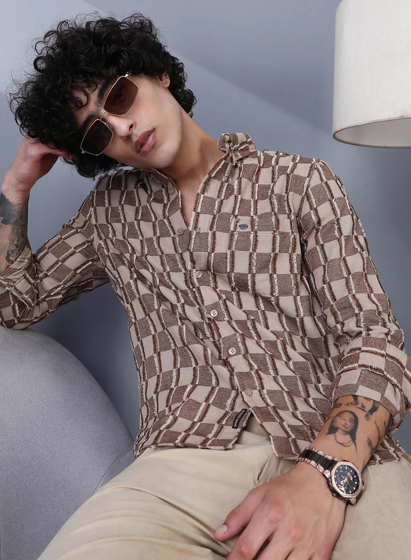 Campus Sutra Men's Mocha Brown & Ecru Beige Block-Edge Shirt