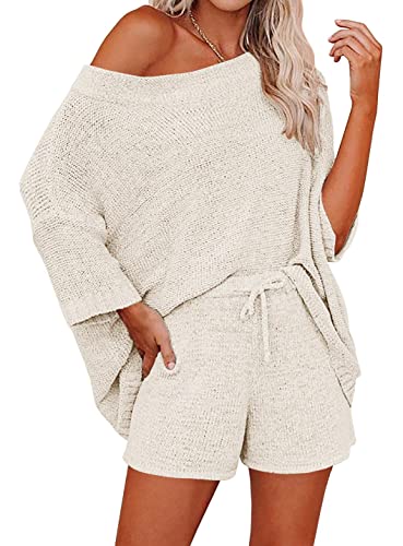 Ermonn Womens 2 Piece Outfits Sweater Sets Off Shoulder Knit Tops Waist Short Suits Casual Pajama Set Romper Jumpsuits Beige