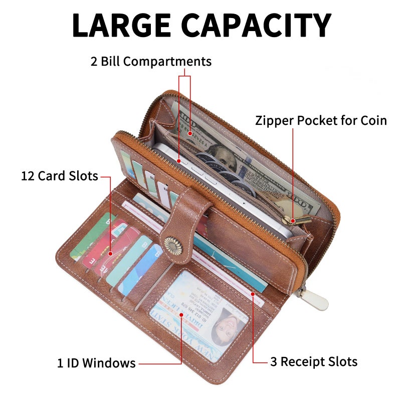 FALAN MULE Womens Wallet RFID Blocking Large Capacity Bifold Leather Credit Card Holder with Zipper Pocket Purse - Image 3