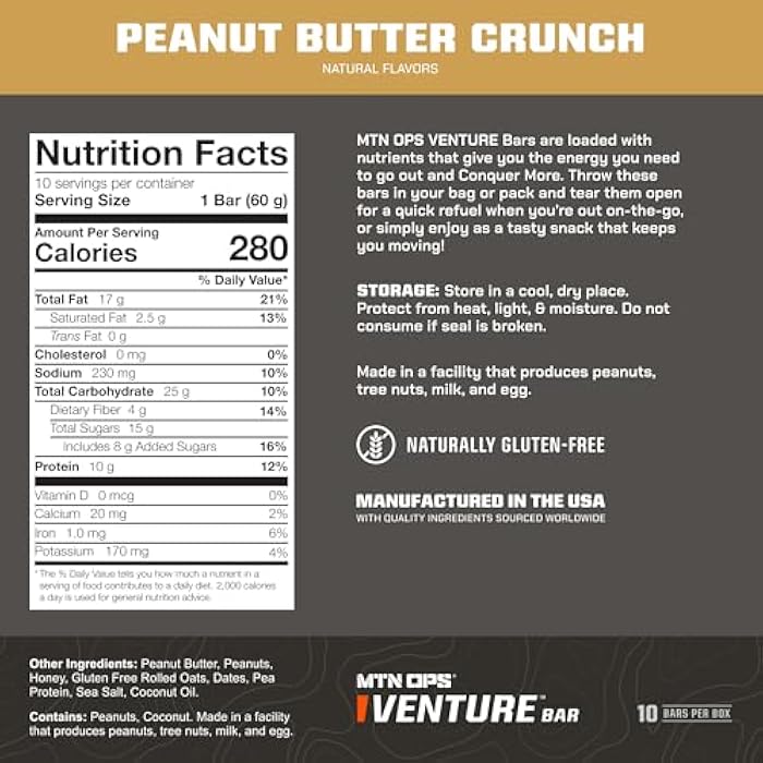 MTN OPS Venture Bar – Peanut Butter Crunch Energy Bar, Gluten-Free High Protein Snack with 10g Protein, Peanut Butter Protein Bar for Hiking & On-the-Go Fuel, 10 Bars - Image 2