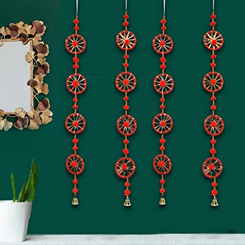 CraftVatika Pom Pom Wall Hanging Latkans for Home Decorations, Pom Pom Chakri with Bell Hanging Strings Decorations for All Festival Decorations, Decorative Items for Home(4 Pc`s) - Image 1