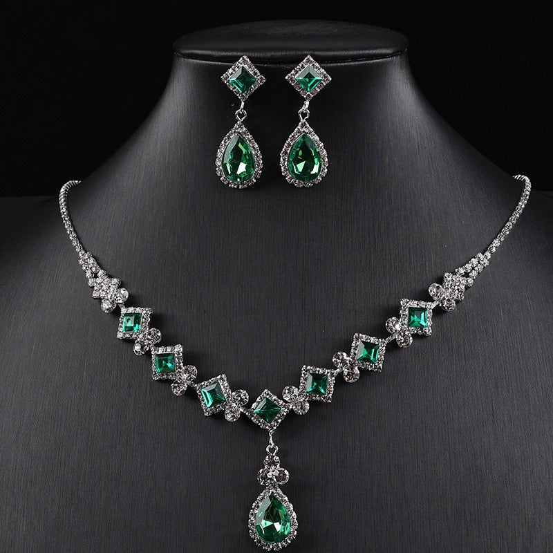 Cross-Border New Square Simple Rhinestone Water Drop Jewelry Set Elegant Party Wedding Accessories Necklace - Image 1