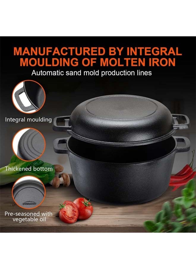 L&E 2-in-1 Pre-Seasoned Cast Iron Dutch Oven Pot with Skillet Lid Cooking Pan,Cast Iron Skillet Cookware Pan Set with Dual Handles Indoor Outdoor for Bread,Frying,Baking,Camping,BBQ  - Image 5