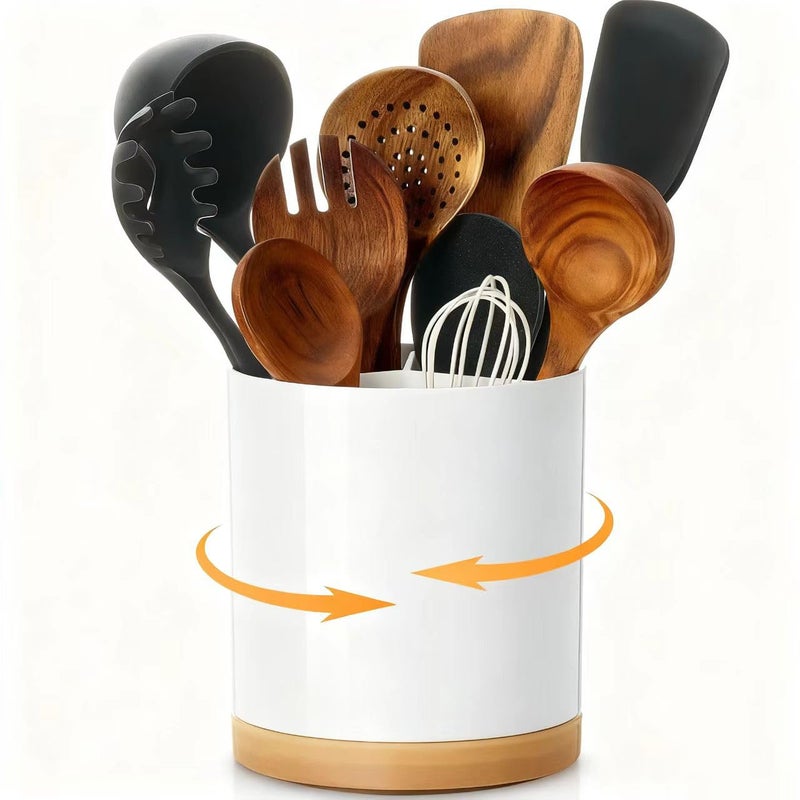 Meolibour Extra Large Porcelain Like Kitchen Cooking Utensil Holder, 360° Rotating Utensil Crock, 7.2" Unbreakable for Countertop, for Farmhouse Kitchen Decor with Rotatable and Detachable Base - Image 1