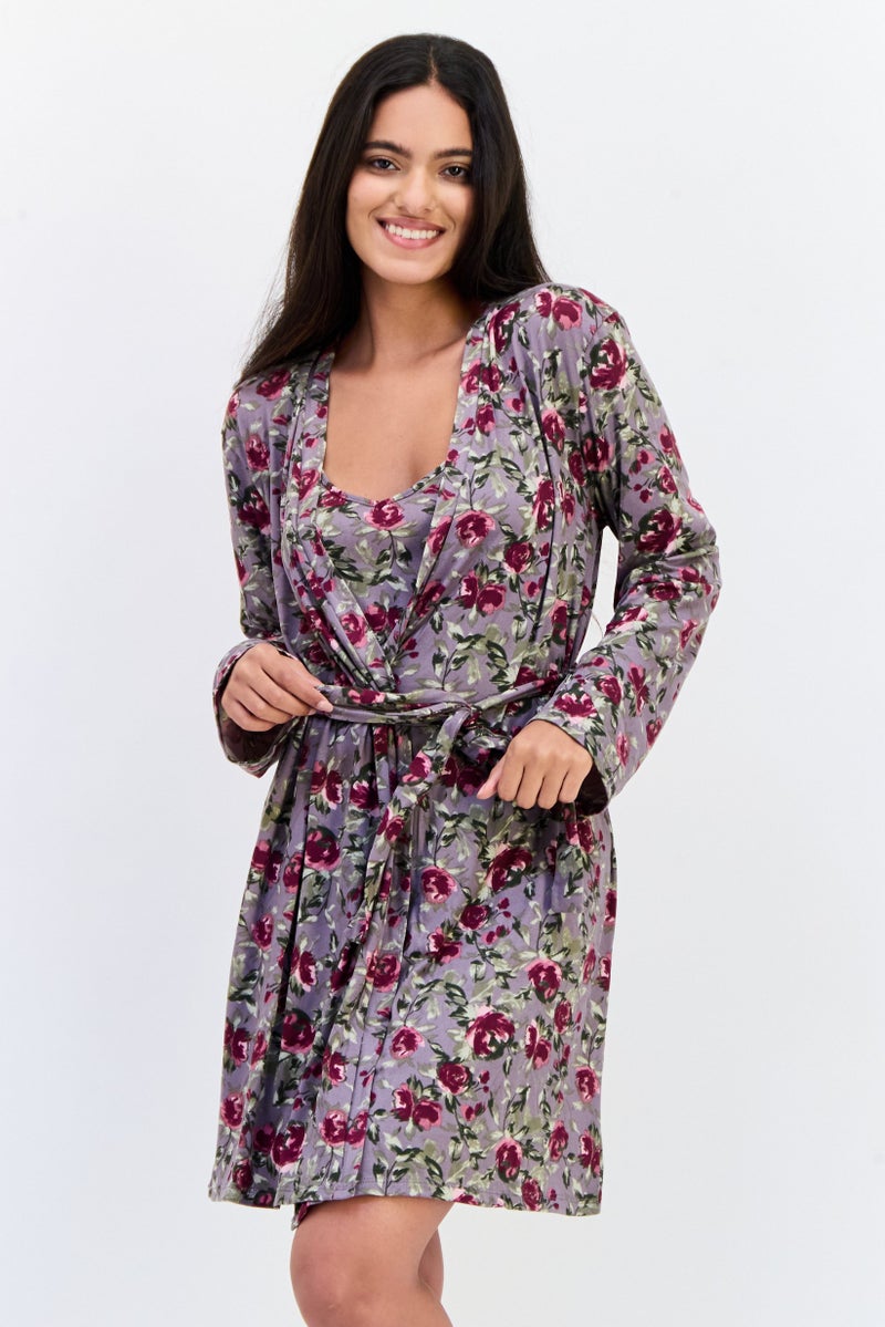 VINCE CAMUTO Women 2 Pieces Floral Print Night Dress And Robe Sleepwear Set, Multicolor  - Image 1