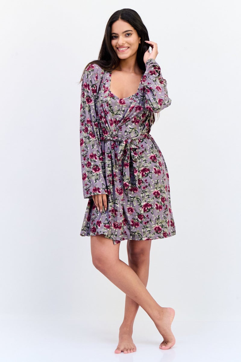VINCE CAMUTO Women 2 Pieces Floral Print Night Dress And Robe Sleepwear Set, Multicolor  - Image 3