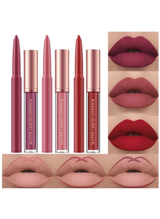 Bestland 6Pcs Matte Liquid Lipstick and Lip Liner Set, Non-Stick Cup Not Fade Waterproof 24 Hour Lip Gloss Nude Brown Lip Liner Pencil for Women, labiales mate 24 horas originales (Set B)  - Image 1