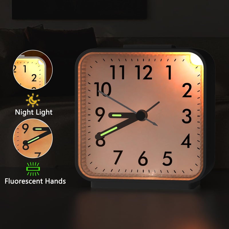 AMIR Analog Alarm Clock, Silent Non Ticking Small Clock, Travel Alarm Clock with Snooze & Light, Ascending Beep Sounds, Battery Operated Loud Alarm Clock for Bedroom, Bedside, Desk (Black) - Image 4