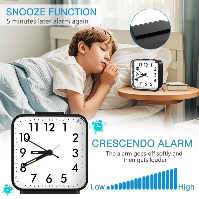 AMIR Analog Alarm Clock, Silent Non Ticking Small Clock, Travel Alarm Clock with Snooze & Light, Ascending Beep Sounds, Battery Operated Loud Alarm Clock for Bedroom, Bedside, Desk (Black) - Image 3