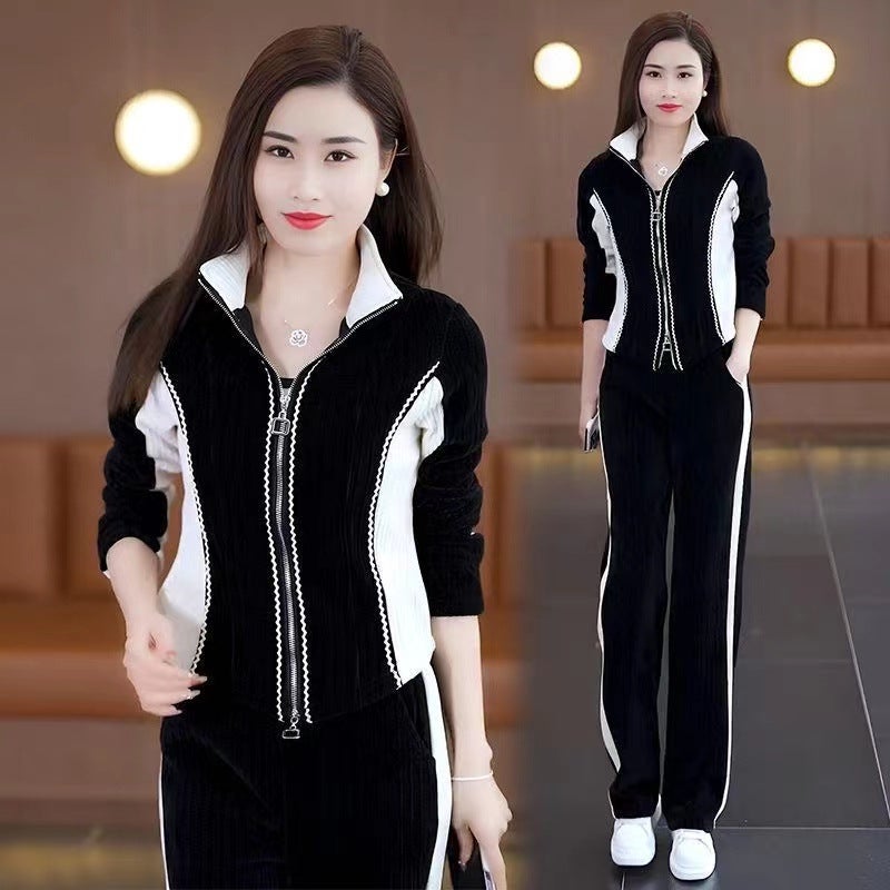 2024 Spring and Autumn Waist Western Style Sports Fashion suit Temperament Design Sense Vertical Collar Sweater Wide Leg Pants Two Cardigans - Image 3
