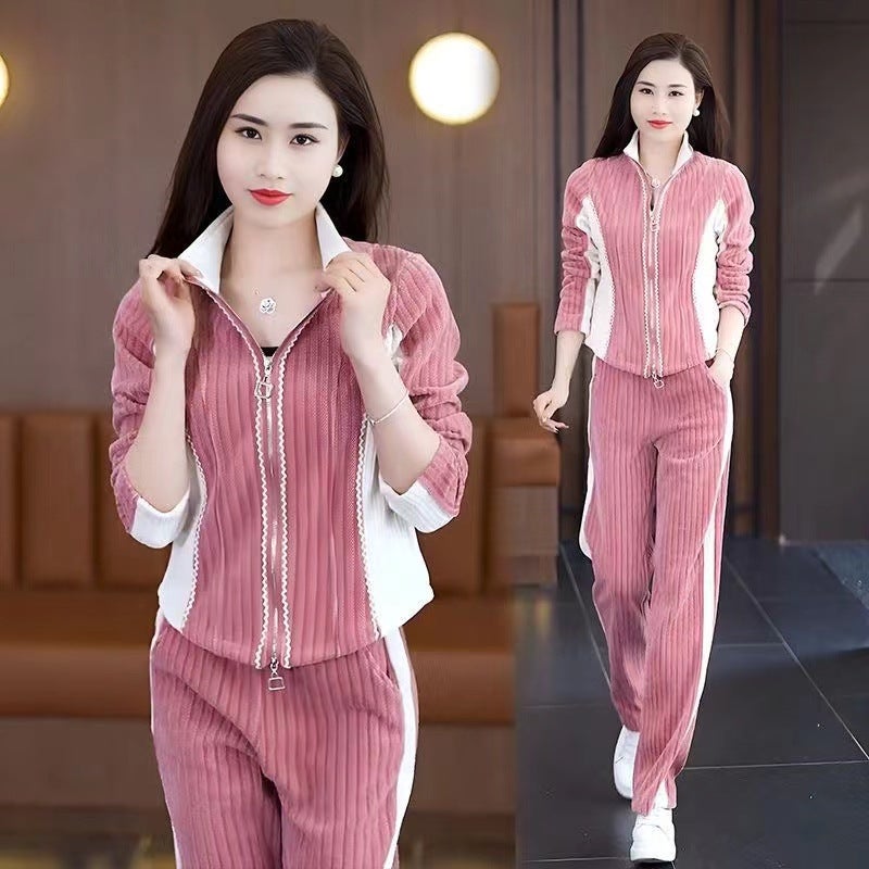 2024 Spring and Autumn Waist Western Style Sports Fashion suit Temperament Design Sense Vertical Collar Sweater Wide Leg Pants Two Cardigans - Image 2