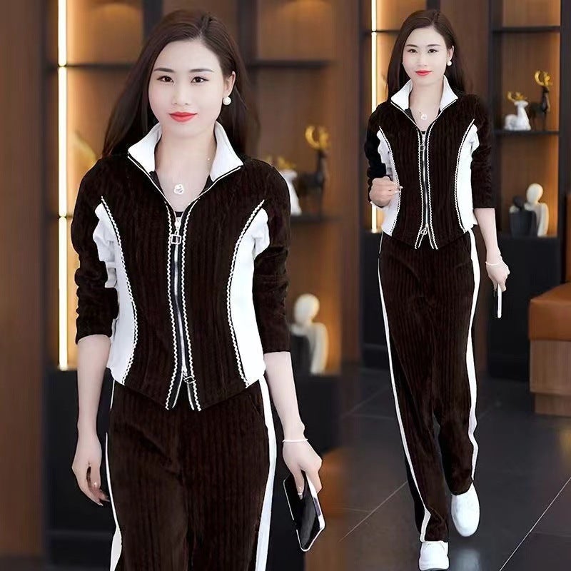 2024 Spring and Autumn Waist Western Style Sports Fashion suit Temperament Design Sense Vertical Collar Sweater Wide Leg Pants Two Cardigans - Image 4