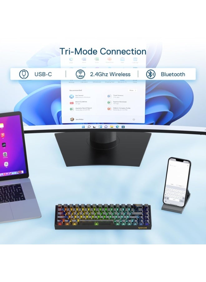 ريدراجون لوحة مفاتيح ألعاب RGB لاسلكية K631 كاستور برو 65% 3 أوضاع ، 68 مفتاح مضغوط ميكانيكي شفاف بالكامل مع مقبس PCB قابل للتبديل ، مفتاح لمسي - Image 3
