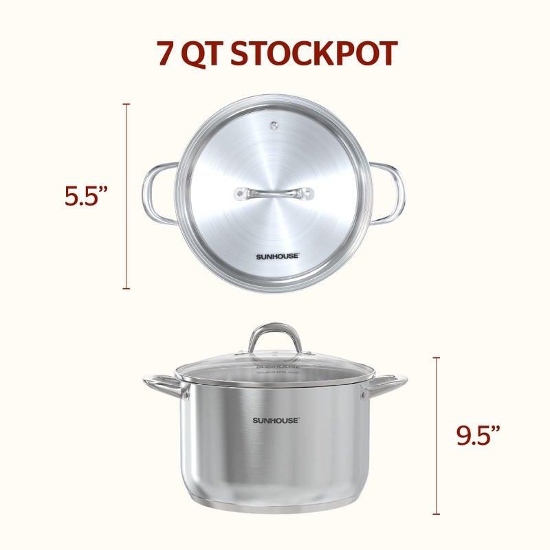 Sunhouse Stainless Steel Stock Pot - 7 Quart Heavy-Duty Induction Cooking Pot With Visible Lid For Pasta  Soup  Spaghetti - Nonstick Thick-Bottom Deep Stockpot For Canning  Boiling  And Simmering - Image 2