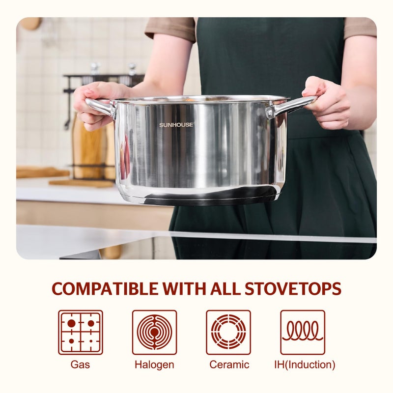 Sunhouse Stainless Steel Stock Pot - 7 Quart Heavy-Duty Induction Cooking Pot With Visible Lid For Pasta  Soup  Spaghetti - Nonstick Thick-Bottom Deep Stockpot For Canning  Boiling  And Simmering - Image 4