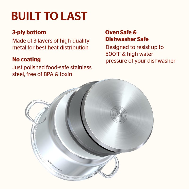 Sunhouse Stainless Steel Stock Pot - 7 Quart Heavy-Duty Induction Cooking Pot With Visible Lid For Pasta  Soup  Spaghetti - Nonstick Thick-Bottom Deep Stockpot For Canning  Boiling  And Simmering - Image 3