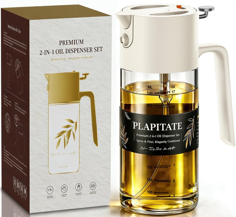 PLAPITATE 17oz/500ml Premium Olive Oil Sprayer for Cooking, 2 in 1 Glass Olive Oil Dispenser Bottle for Kitchen Gadgets, Spray Bottle with Portion Control for Salad, Frying, BBQ (White) - Image 1