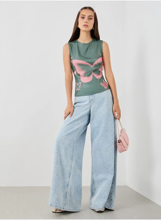 تايك تو Take Two Floral Print Round Neck Sleeveless Top