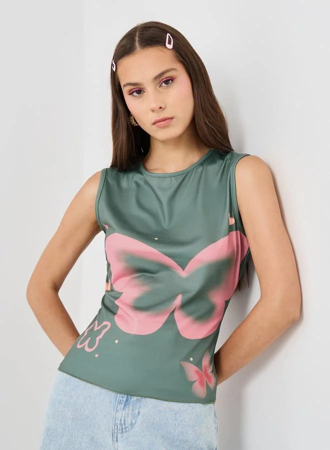 Take Two Take Two Floral Print Round Neck Sleeveless Top