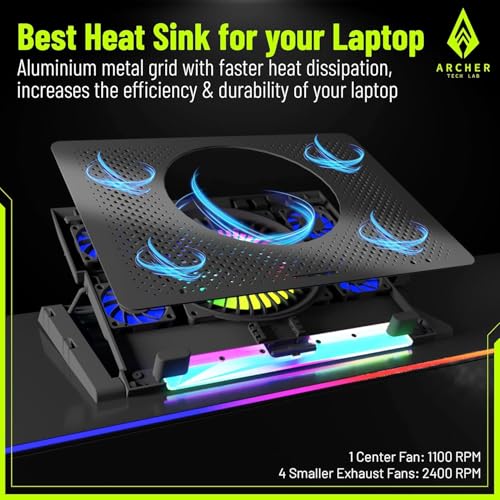 Archer Tech Lab Cooling Pad Stand for Gaming Laptop with RGB Lighting, 5 Turbo Cooler Fans, 5 Adjustable Angles, Aluminum Metal Grid, Phone Holder, Supports upto 17" Laptop for Gaming Work(Squall 200) - Image 2