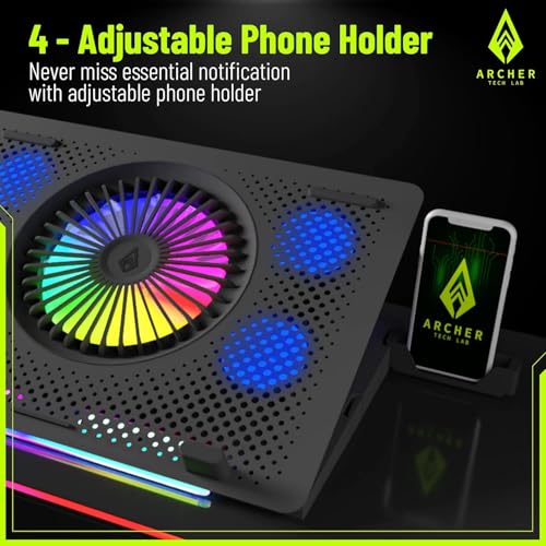 Archer Tech Lab Cooling Pad Stand for Gaming Laptop with RGB Lighting, 5 Turbo Cooler Fans, 5 Adjustable Angles, Aluminum Metal Grid, Phone Holder, Supports upto 17" Laptop for Gaming Work(Squall 200) - Image 4