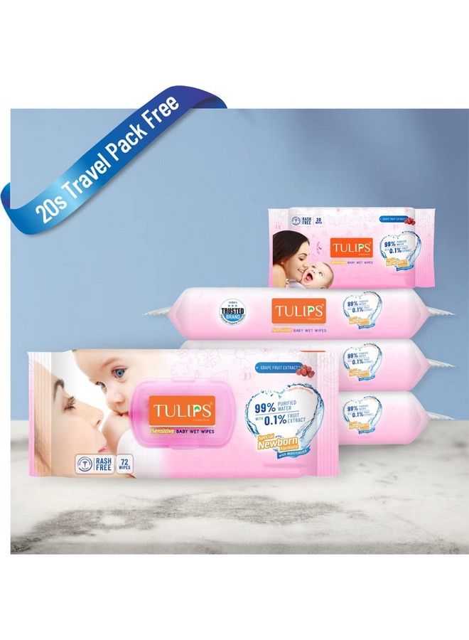 Tulips Sensitive Baby Wet Wipes Lid Pack (72 Wipes X 4 Pack) For Gentle Cleaning;Moisturizing Rash Free 99% Purified Water With Grapefruit Extracts - Image 3