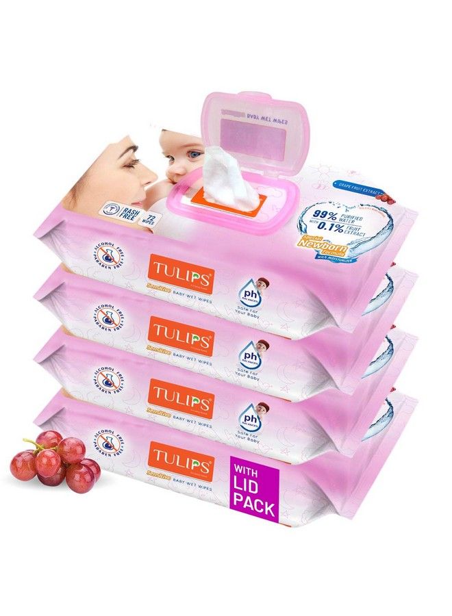 Tulips Sensitive Baby Wet Wipes Lid Pack (72 Wipes X 4 Pack) For Gentle Cleaning;Moisturizing Rash Free 99% Purified Water With Grapefruit Extracts - Image 2