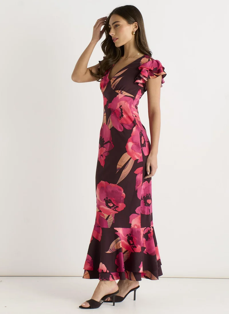 Gini London  Brown Ruffle Sleeve Floral Maxi Dress for Women | Best Price UAE