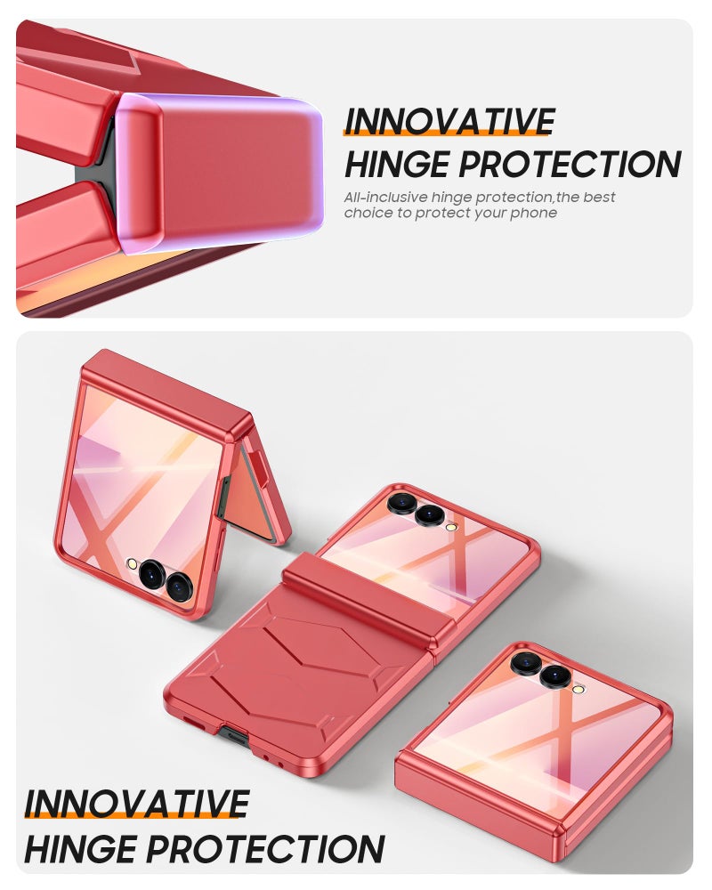 Vizvera for Samsung Galaxy Z Flip 7 Case with Hinge Protection, Built-in Screen Protector Shockproof All-Inclusive Phone Cover for Z Flip 7-Coral Red - Image 3