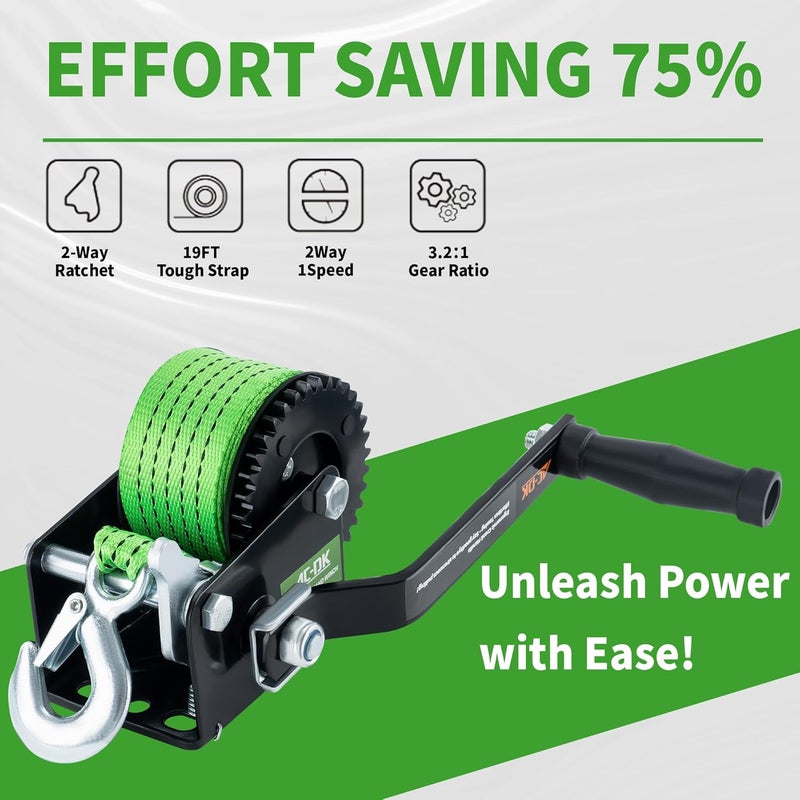 AC-DK 600lbs Heavy Duty Boat Trailer Winch with 19FT Strap and 2-Way Ratchet - Image 2