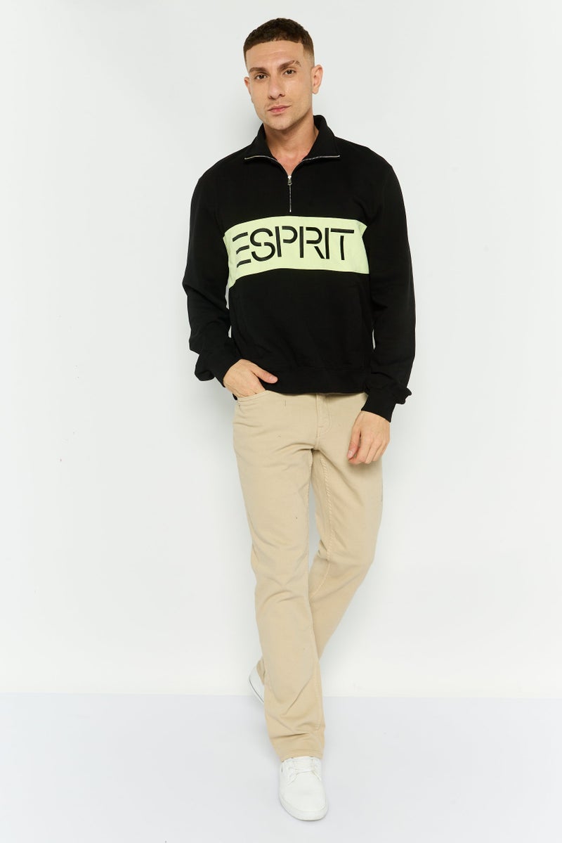 ESPRIT سويت شيرت بأكمام طويلة مع ياقة منتشرة للرجال بشعار العلامة التجارية، أسود - Image 2