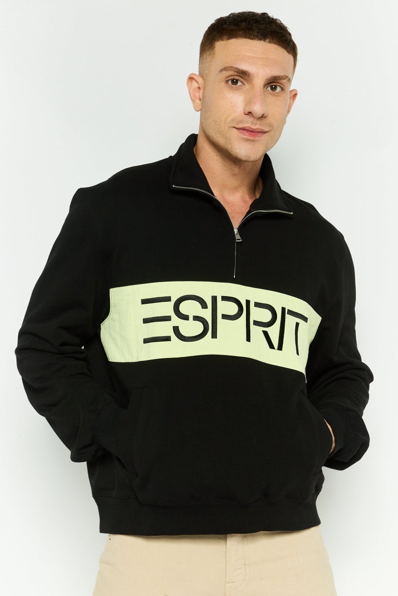 ESPRIT سويت شيرت بأكمام طويلة مع ياقة منتشرة للرجال بشعار العلامة التجارية، أسود - Image 1