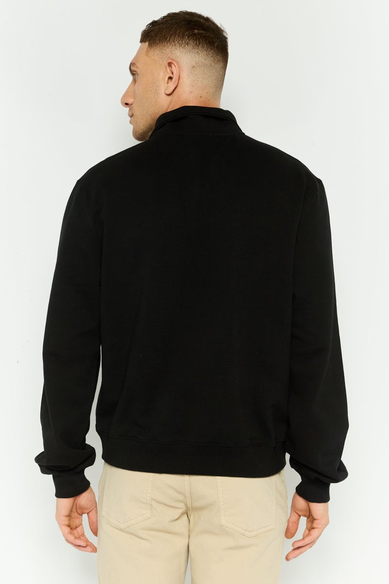 ESPRIT سويت شيرت بأكمام طويلة مع ياقة منتشرة للرجال بشعار العلامة التجارية، أسود - Image 4