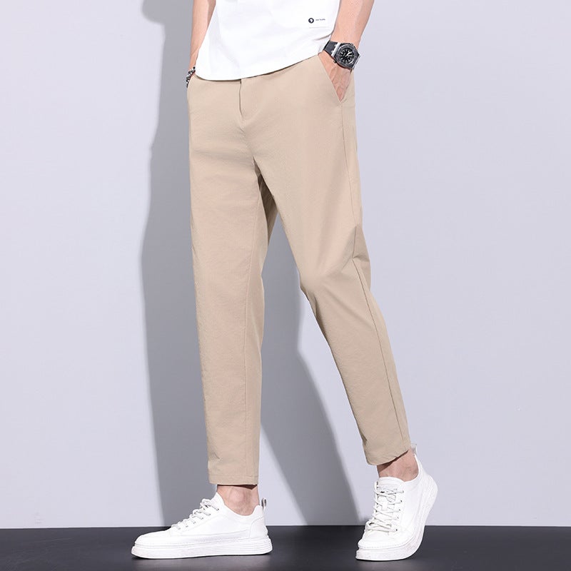 Mens Cropped Pants 2025 Summer Thin Trendy Casual Pants Straight Slim-Fit Stretch Ice Silk Pants Mens 9806 Khaki - Image 3