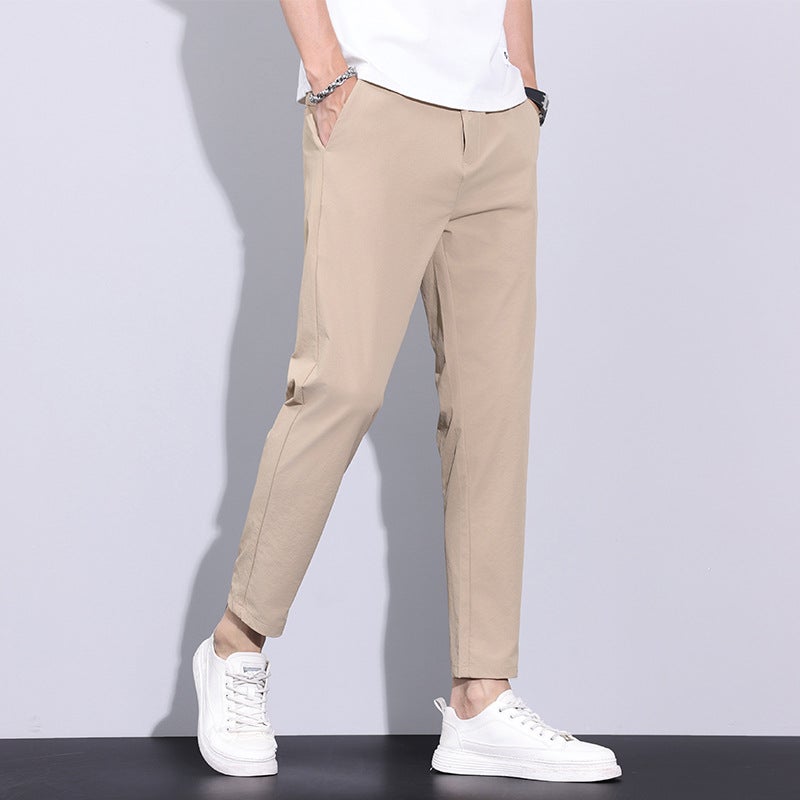 Mens Cropped Pants 2025 Summer Thin Trendy Casual Pants Straight Slim-Fit Stretch Ice Silk Pants Mens 9806 Khaki - Image 2