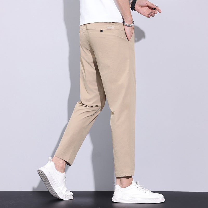 Mens Cropped Pants 2025 Summer Thin Trendy Casual Pants Straight Slim-Fit Stretch Ice Silk Pants Mens 9806 Khaki - Image 1