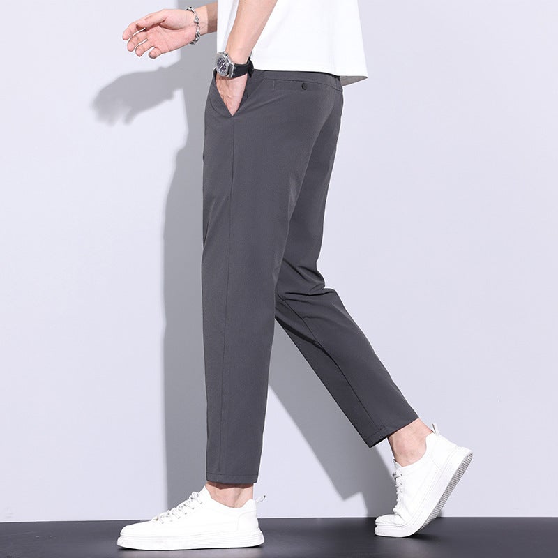 Mens Cropped Pants 2025 Summer Thin Trendy Casual Pants Straight Slim-Fit Stretch Ice Silk Pants Mens 9806 Khaki - Image 4