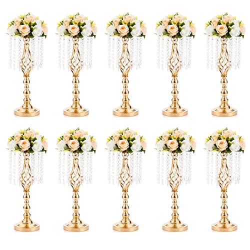 NUPTIO 10 Pcs 19.3 inches Tall Crystal Flower Stand Wedding Road Lead Tall Flower Holders Centerpiece Crystal Flower Chandelier Metal Flower Vase for Reception Tables Wedding Supplies - Image 1