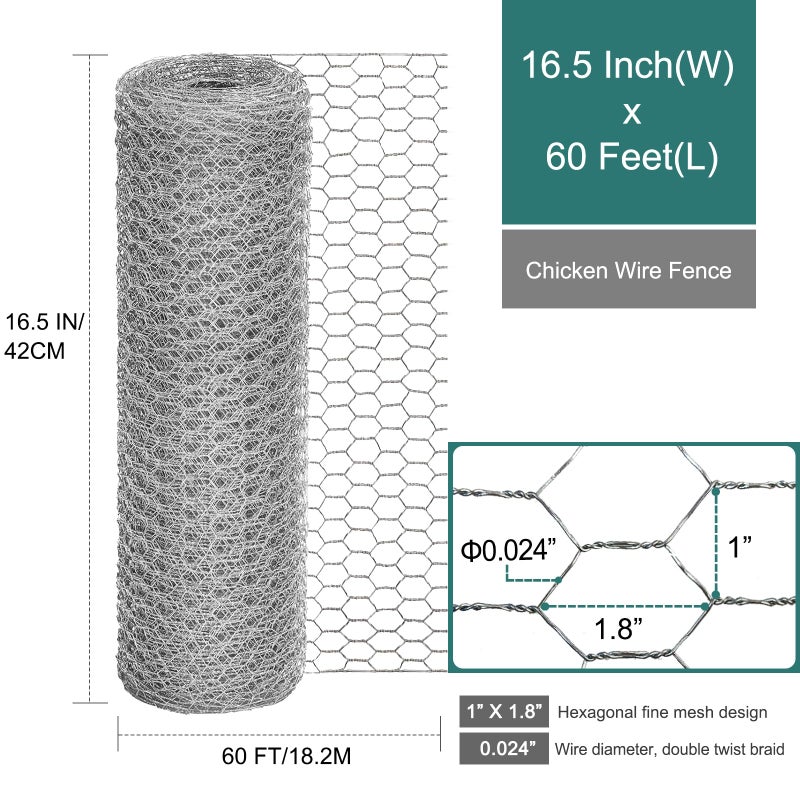 24 Rifny Chicken Wire Fencing, 24 Rifny 16.5 Inch x 60 Feet Chicken Wire Mesh Roll for Garden Plants, 1 Inch Mesh Hexagonal Galvanized Metal Poultry Wire Netting for Chicken Coop Rabbit Dogs Barrier - Image 4