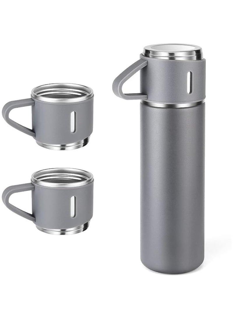 Goodscious - Gray Vacuum Flask Set - Insulated Water Bottle w/ 3 Cups Gift Set - Thermos Water Bottle for Hot and Cold Drinks - Reusable Stainless Steel Water Bottles for Indoor and Outdoor Activities (17 Fl Oz) - Image 1