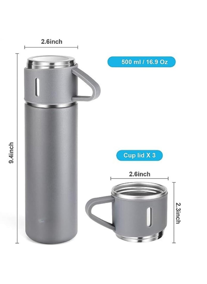 Goodscious - Gray Vacuum Flask Set - Insulated Water Bottle w/ 3 Cups Gift Set - Thermos Water Bottle for Hot and Cold Drinks - Reusable Stainless Steel Water Bottles for Indoor and Outdoor Activities (17 Fl Oz) - Image 1