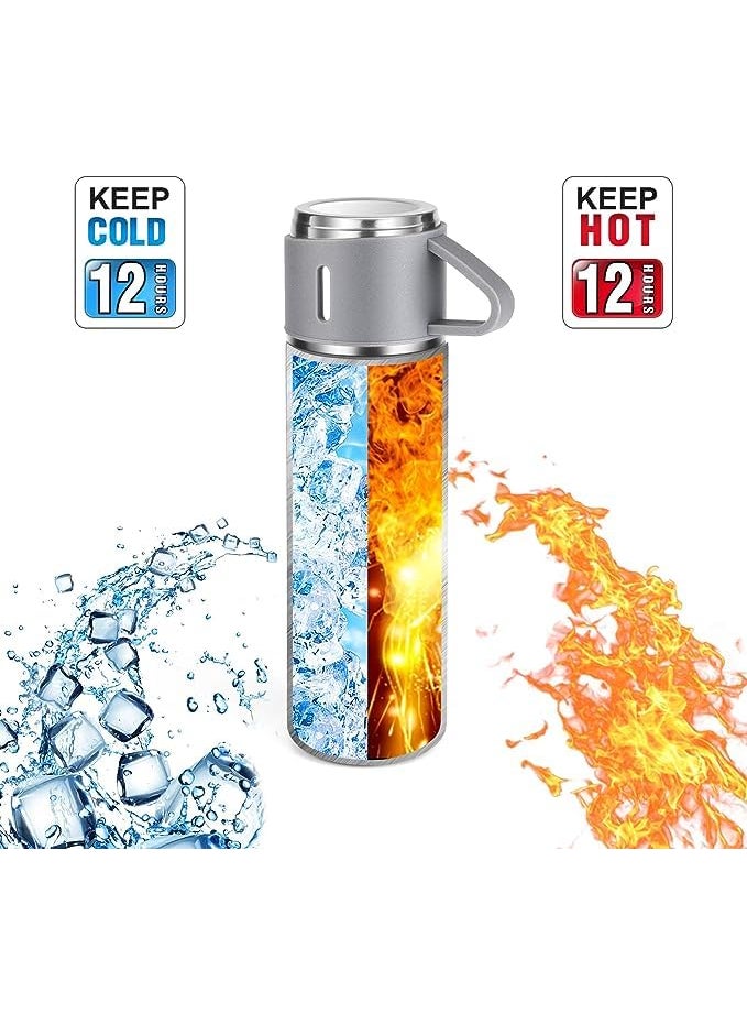 Goodscious - Gray Vacuum Flask Set - Insulated Water Bottle w/ 3 Cups Gift Set - Thermos Water Bottle for Hot and Cold Drinks - Reusable Stainless Steel Water Bottles for Indoor and Outdoor Activities (17 Fl Oz) - Image 1