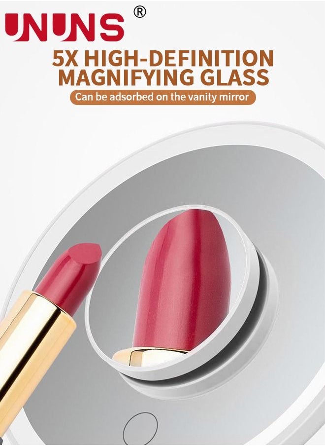 UNUNS Desk Mirror With Lights,Rechargeable 5X Magnifying Mirror,Small Body Lightweight Travel Mirror,3 Color Modes,90°Free Rotation,LED Lighting Desktop Mirror,Portable Mirror  - Image 4