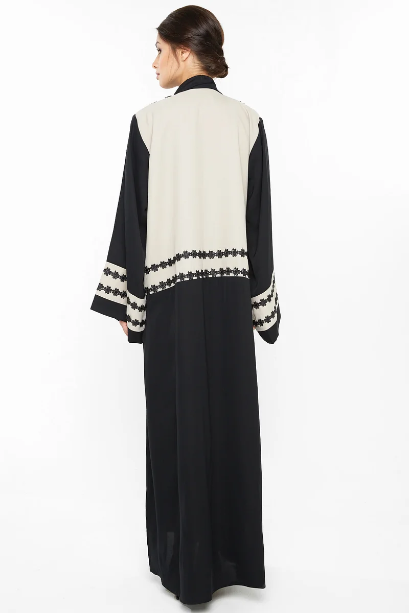 NUKHBAA  A casual abaya with floral alce detailing in 2 strips by the closing and sleeves-Aj382A for Women | Best Price UAE