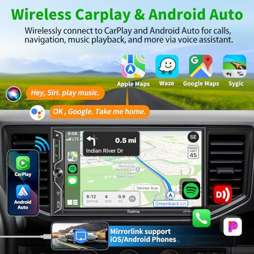 SJOYBRING [QLED Screen Upgrade] 7" Double Din Car Stereo with Dash Cam, Wireless Apple CarPlay and Android Auto, Bluetooth 5.3, 240W 4.2-Channel Audio Output, MirrorLink, Backup Camera, AM/FM Car Radio - Image 2
