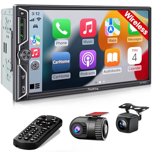 SJOYBRING [QLED Screen Upgrade] 7" Double Din Car Stereo with Dash Cam, Wireless Apple CarPlay and Android Auto, Bluetooth 5.3, 240W 4.2-Channel Audio Output, MirrorLink, Backup Camera, AM/FM Car Radio - Image 1