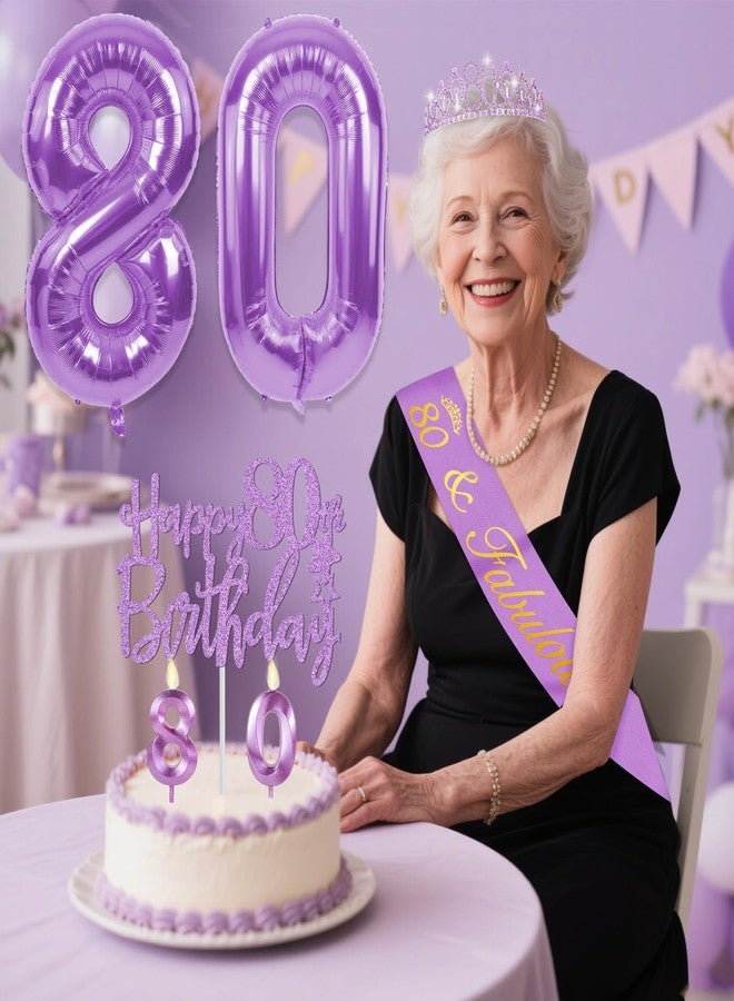 YeohJoy 80th Birthday Decorations for Women Purple with 80th Birthday Sash and Crown, Cake Topper and Candles, Number Balloons, 80 Year Old Gifts for Women - Image 2