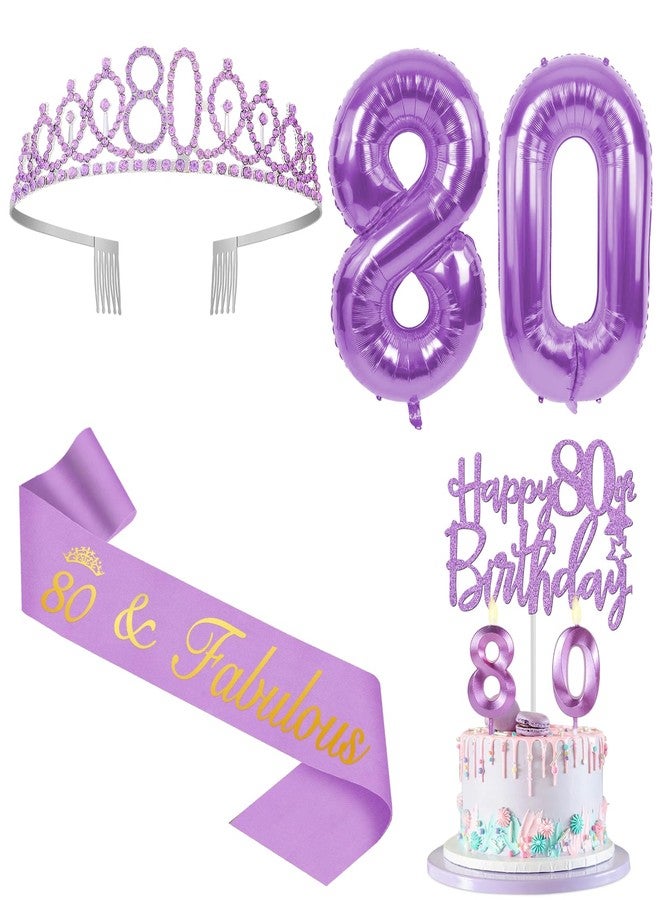 YeohJoy 80th Birthday Decorations for Women Purple with 80th Birthday Sash and Crown, Cake Topper and Candles, Number Balloons, 80 Year Old Gifts for Women - Image 1