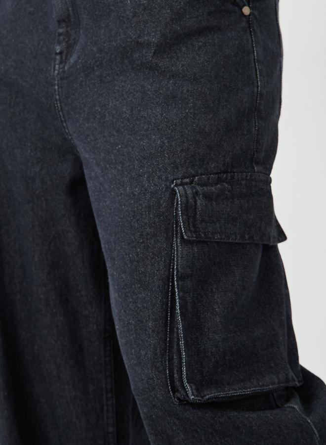Styli Mid Rise Washed Wide Leg Cargo Jeans
